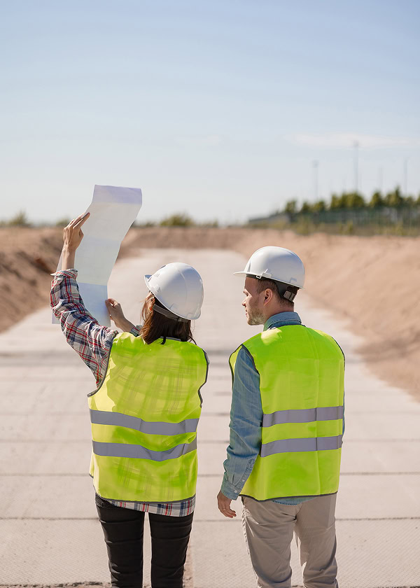 Two construction workers in safety vests and helmets examine a blueprint while standing on a paved construction site.