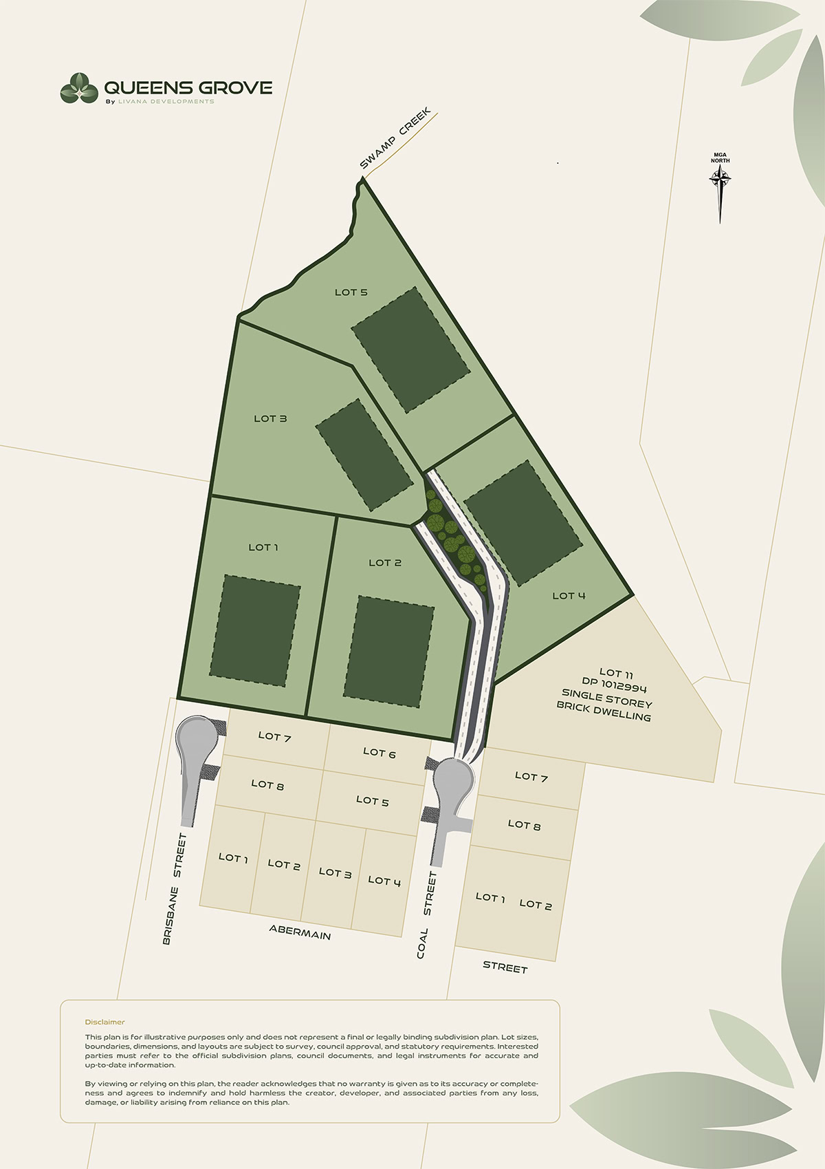 Subdivision plan labeled "Queens Grove" showing 9 residential lots, road access, green spaces, and property boundaries. North arrow and disclaimer are present.